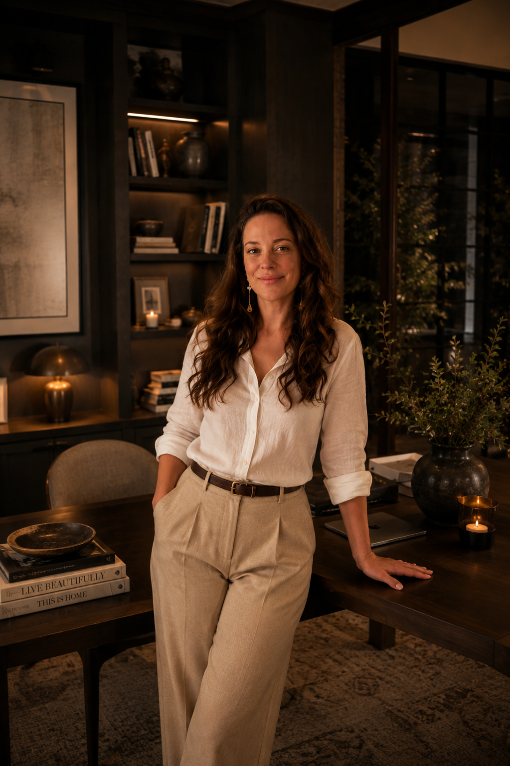 Mckenzie Price in a warmly lit study with bookshelves and candlelight