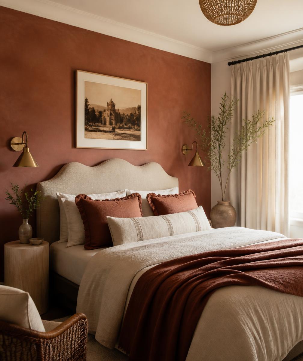 Terracotta guest bedroom with brass sconces and layered linens